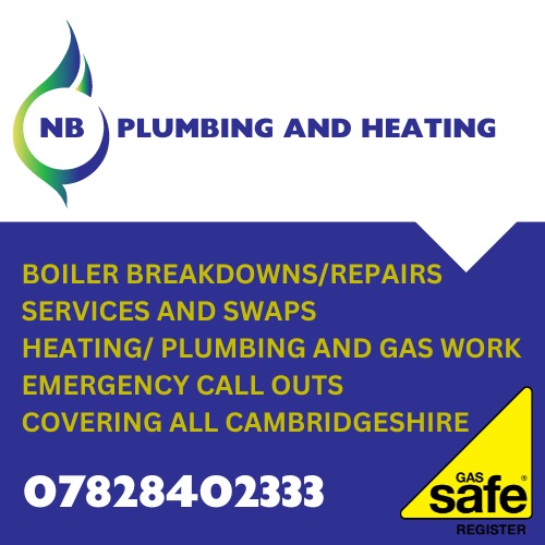 NB Plumbing and Heating logo with Gas Safe Register badge, contact number, and list of services including boiler repairs, plumbing, gas work, and emergency call outs across Cambridgeshire.