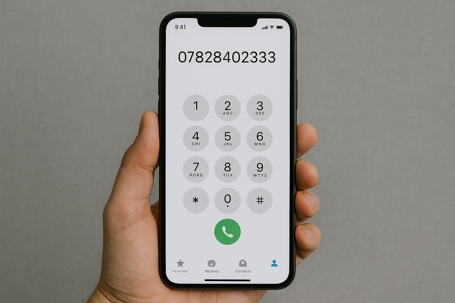 A close-up photo of a person's hand holding a modern smartphone displaying the number 07828402333 on the dial pad. The screen shows a clean white interface with a green call button at the bottom, and the phone is held against a neutral gray background.