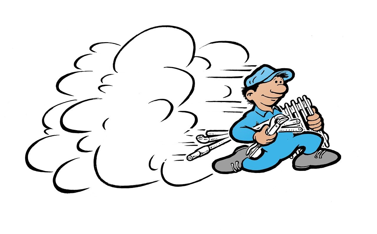 Cartoon-style plumber in blue overalls running with tools and a radiator, leaving a trail of speed lines and dust clouds behind